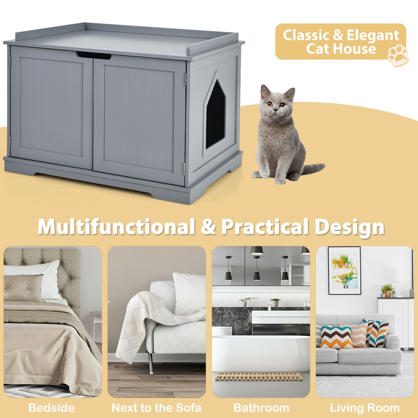 Cat Litter Box Enclosure with Double Doors for Large Cat and Kitty-Gray