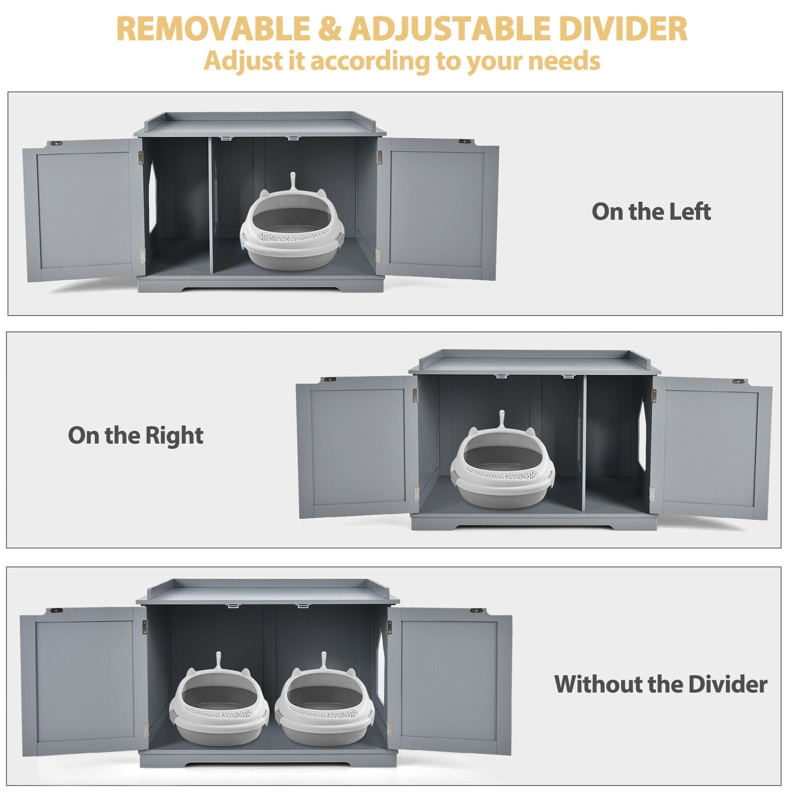 Cat Litter Box Enclosure with Double Doors for Large Cat and Kitty-Gray