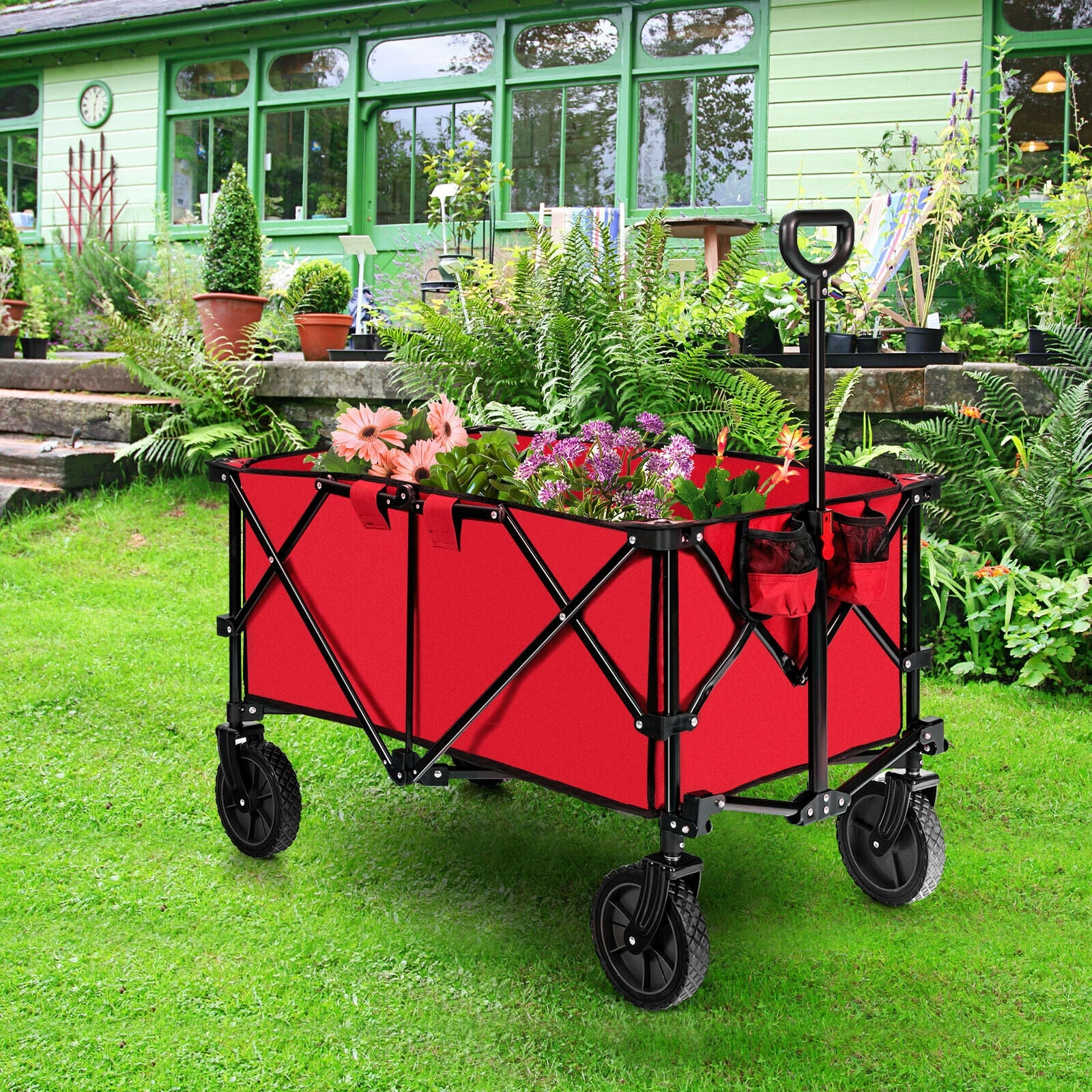 Outdoor Folding Wagon Cart with Adjustable Handle and Universal Wheels-Red 