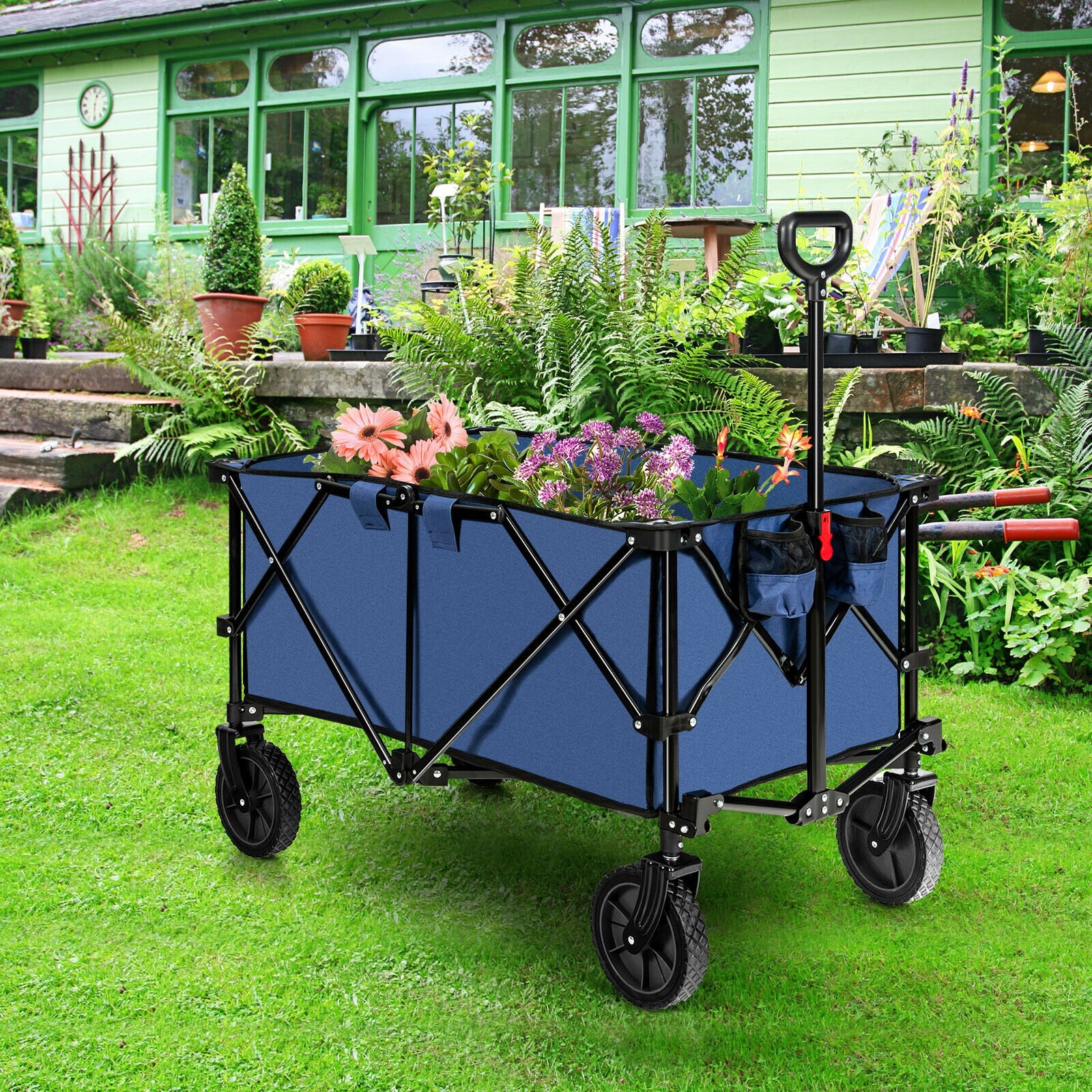 Outdoor Folding Wagon Cart with Adjustable Handle and Universal Wheels-Navy 