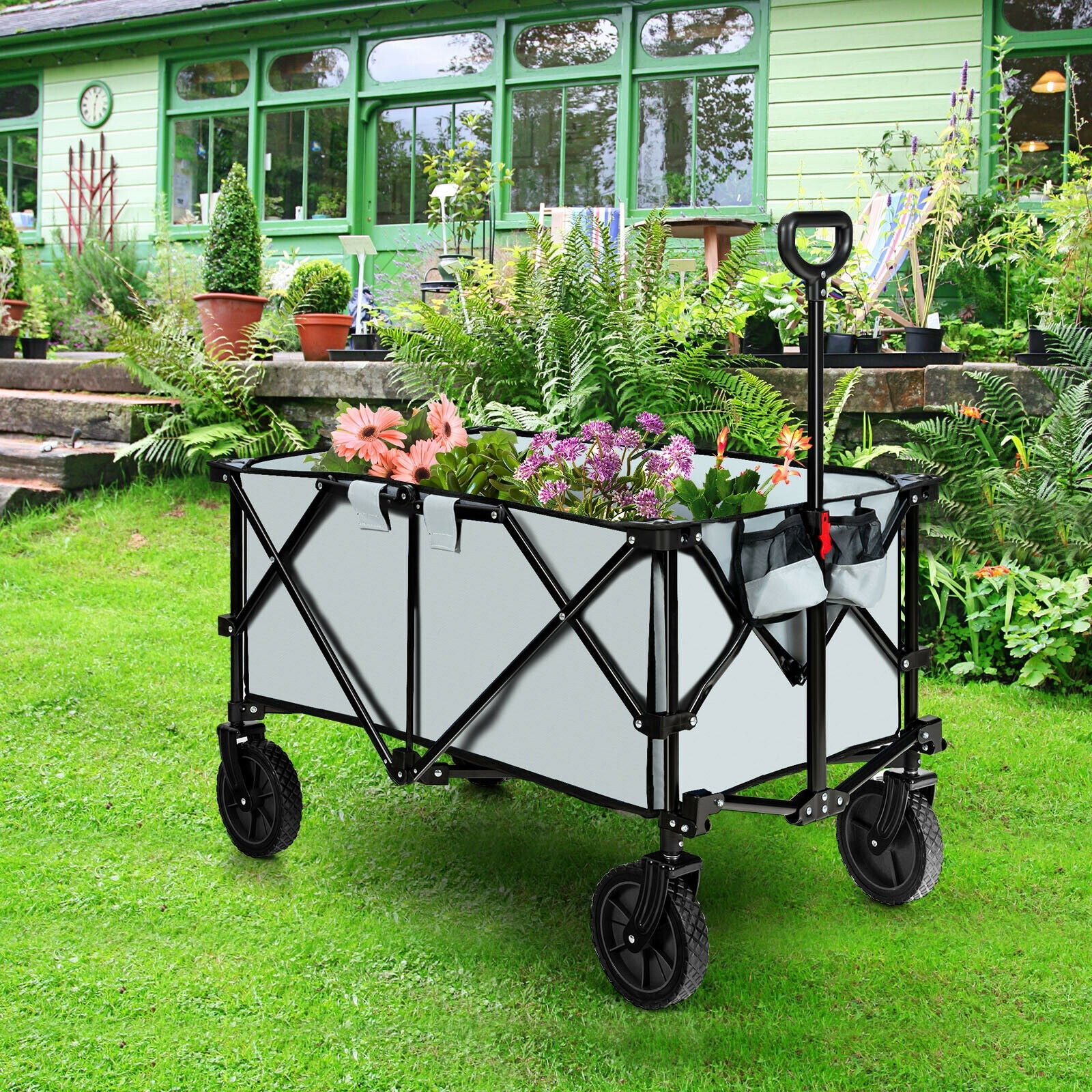 Outdoor Folding Wagon Cart with Adjustable Handle and Universal Wheels-Gray 