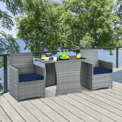 3 Pieces Patio Rattan Furniture Set with Cushioned Armrest Sofa-Navy 
