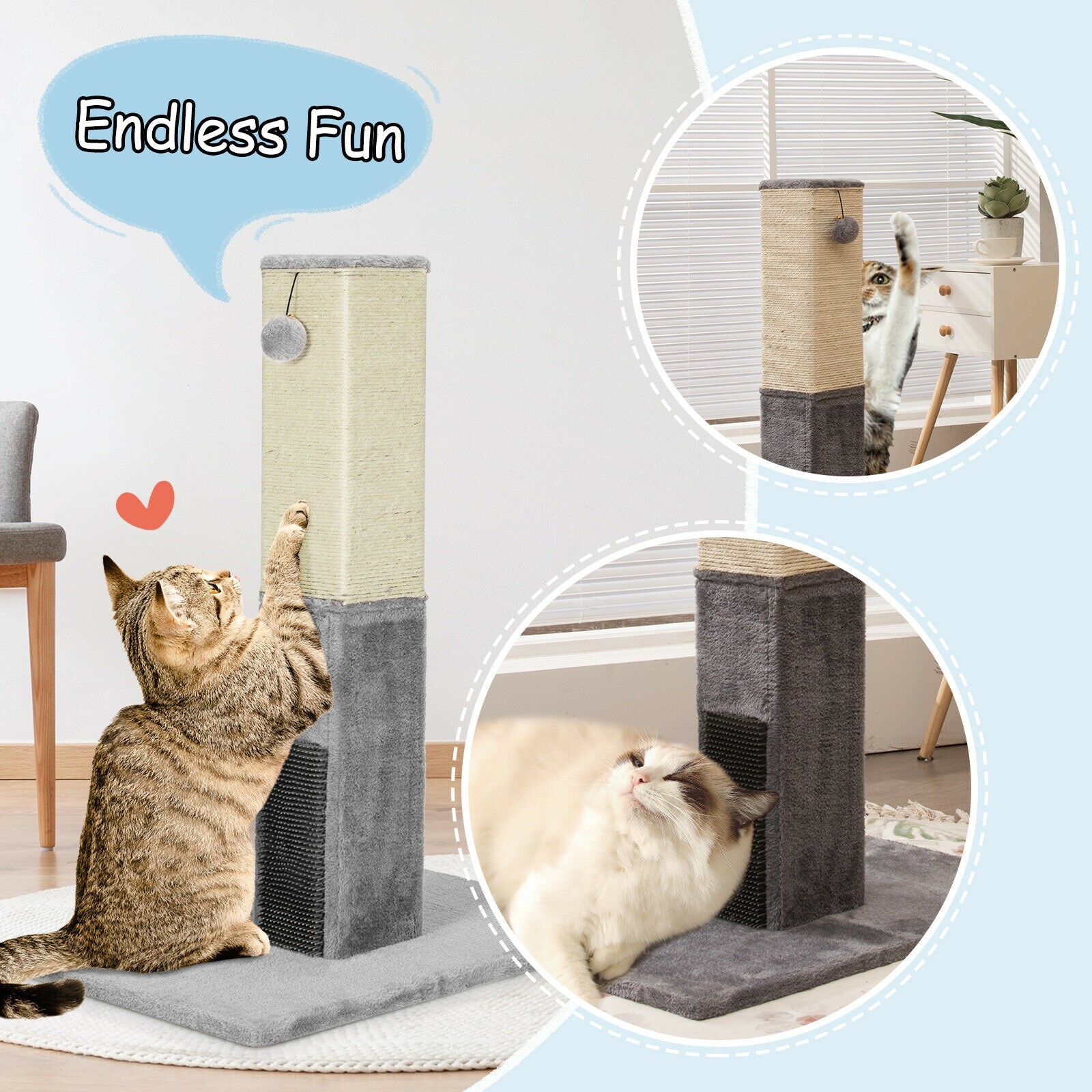 31 inch Tall Cat Scratching Post Claw Scratcher with Sisal Rope and 2 plush Ball-Gray