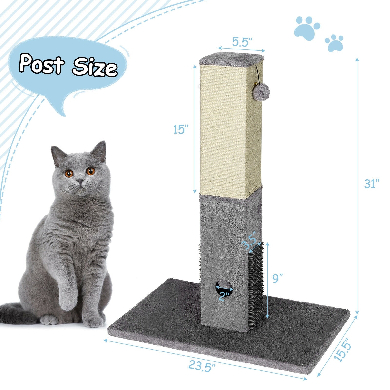 31 inch Tall Cat Scratching Post Claw Scratcher with Sisal Rope and 2 plush Ball-Gray