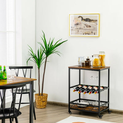 Kitchen Bar Cart Serving Trolley on Wheels with Wine Rack Glass Holder-Rustic Brown 