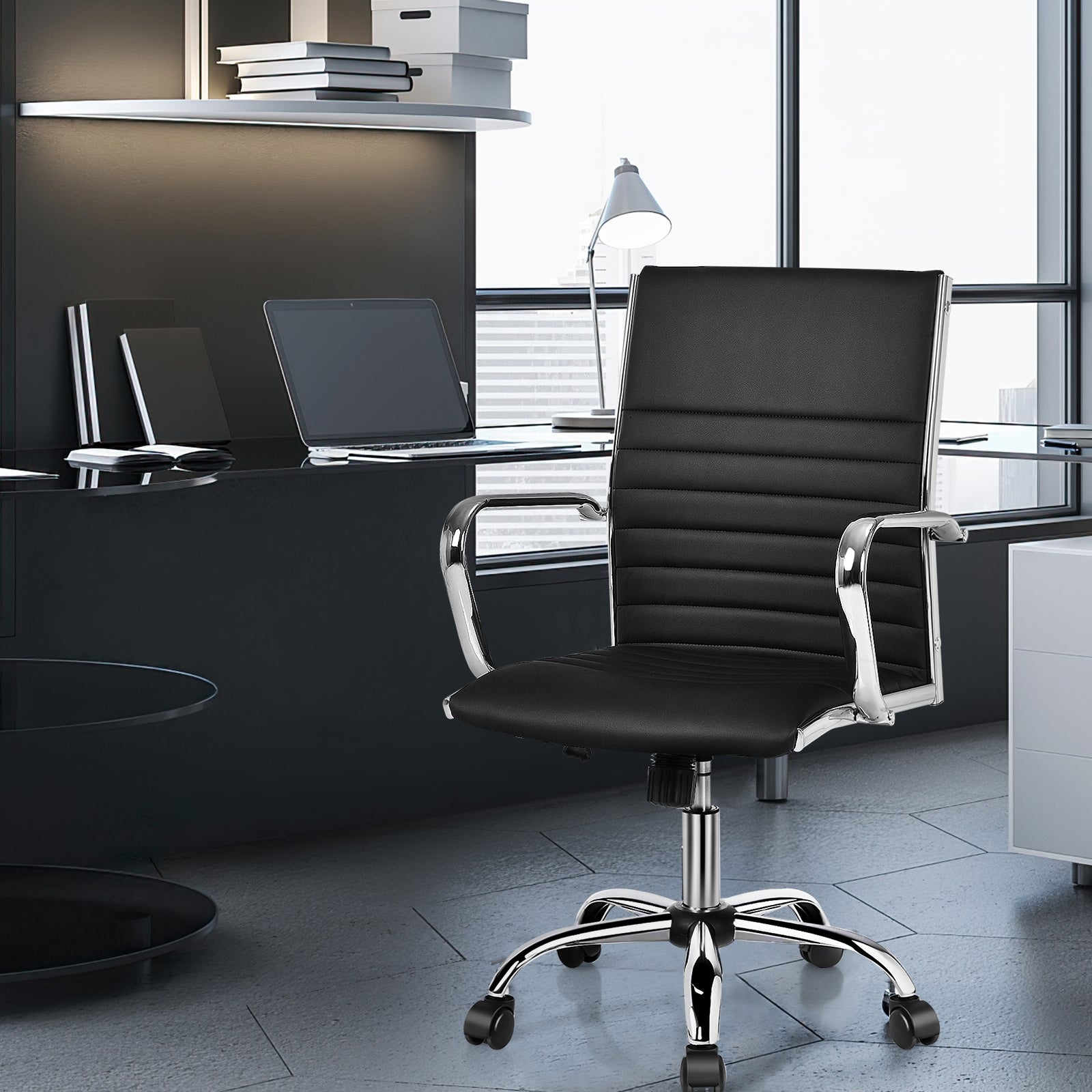 PU Leather Office Chair High Back Conference Task Chair with Armrests-Black