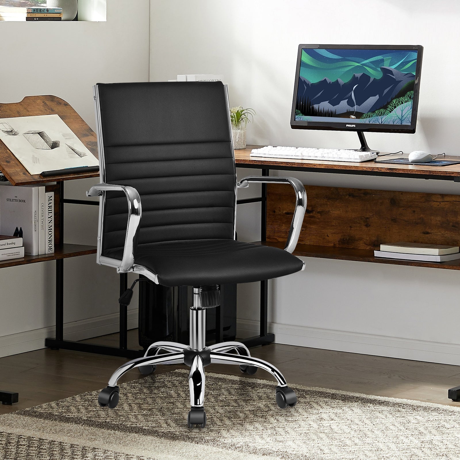 PU Leather Office Chair High Back Conference Task Chair with Armrests-Black