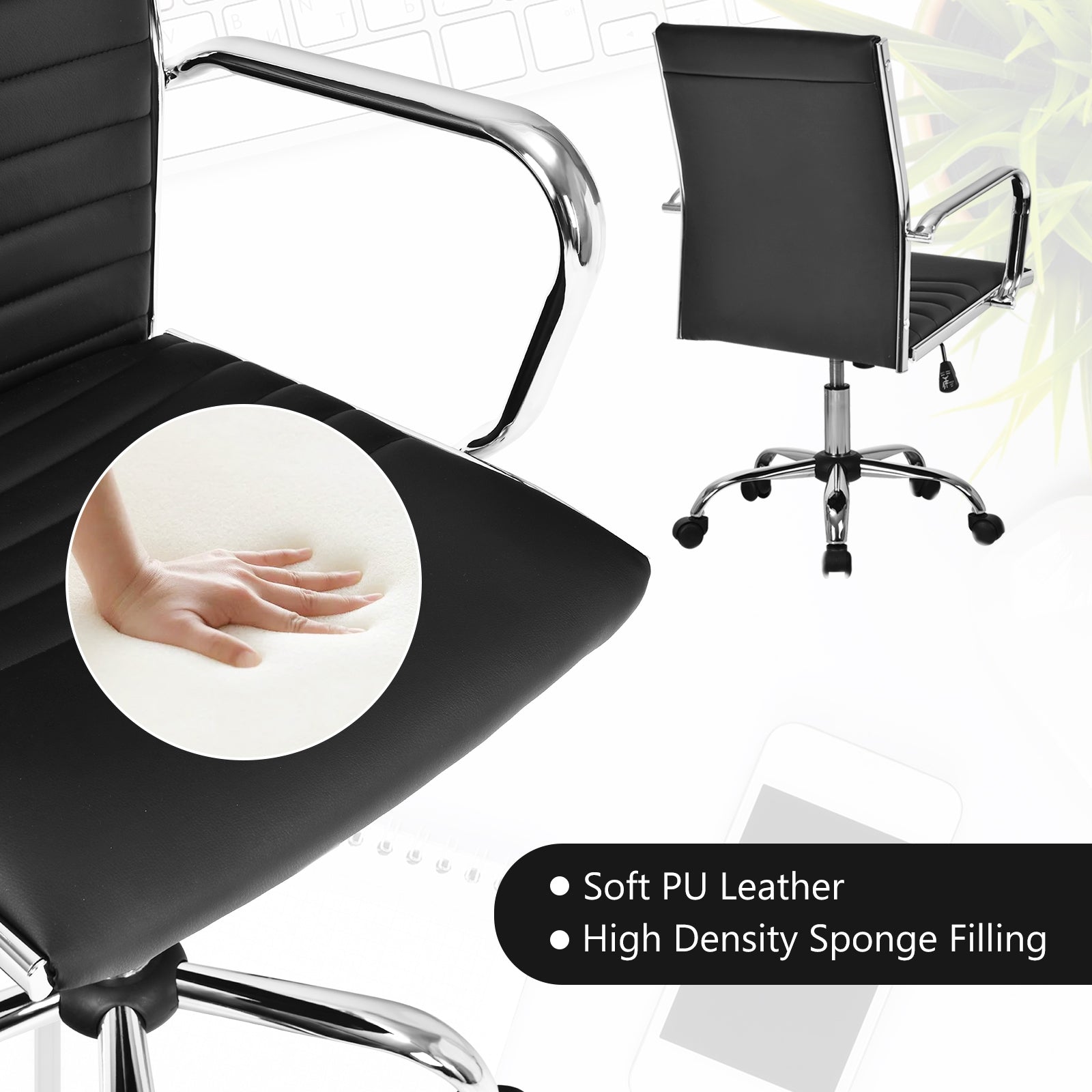 PU Leather Office Chair High Back Conference Task Chair with Armrests-Black