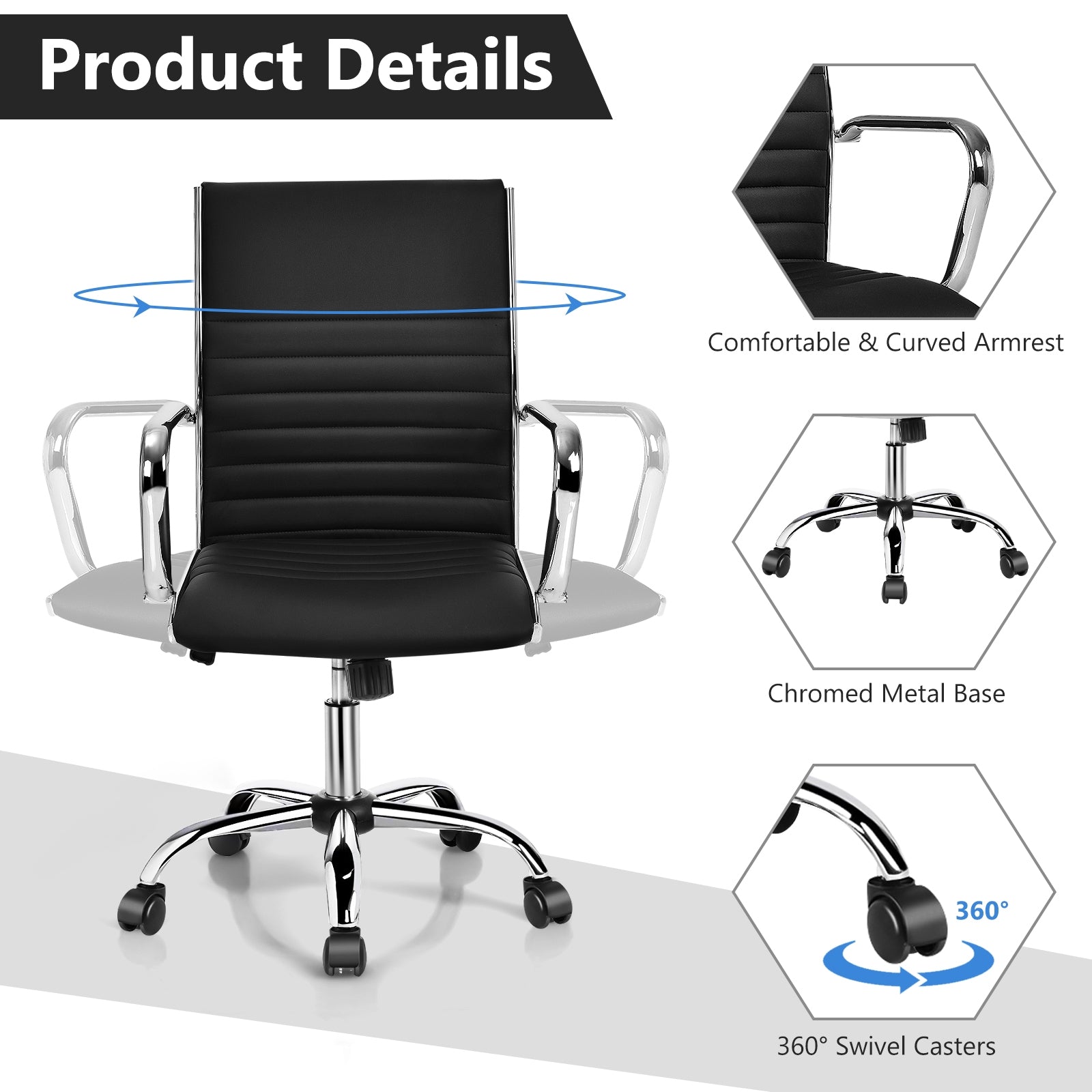 PU Leather Office Chair High Back Conference Task Chair with Armrests-Black