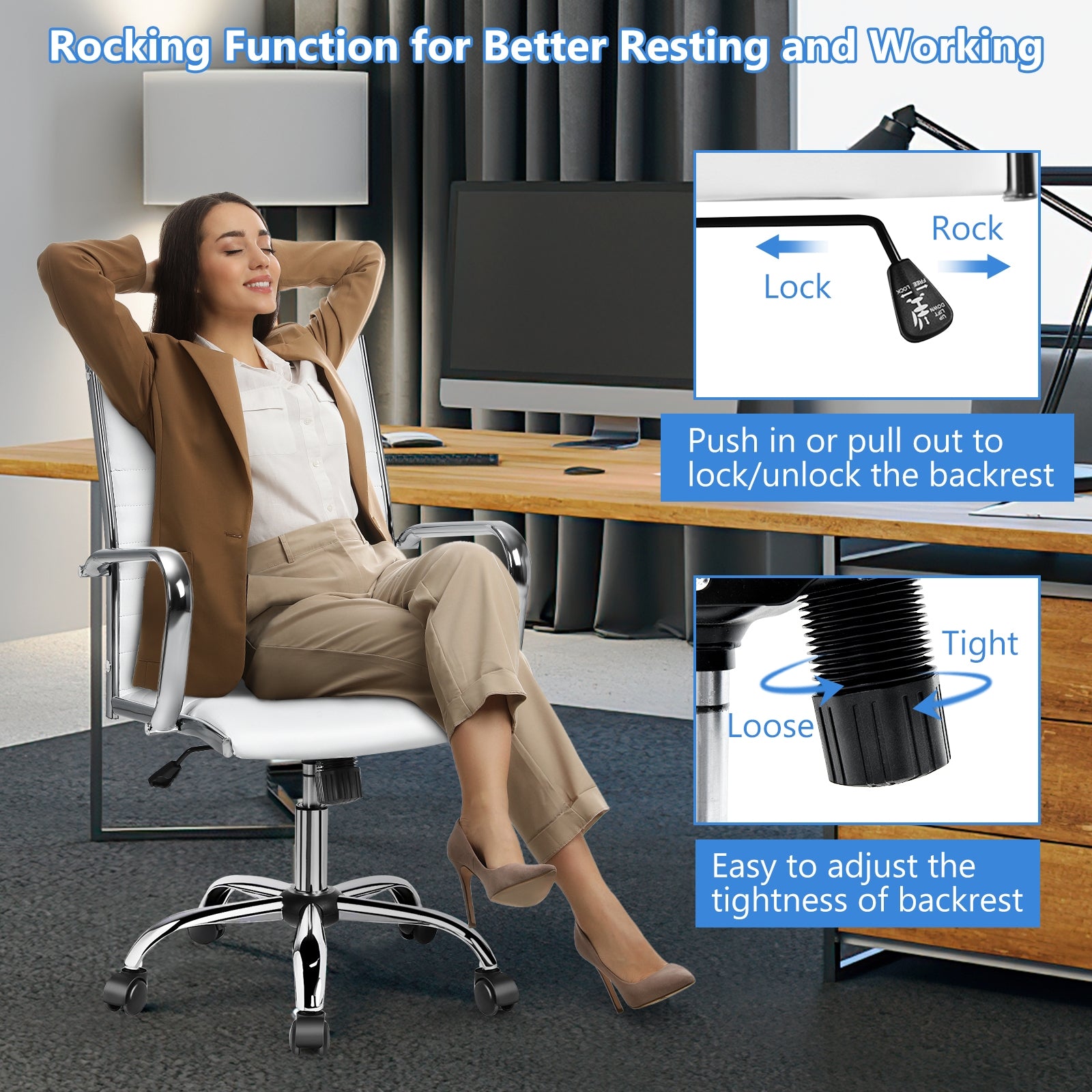 PU Leather Office Chair High Back Conference Task Chair with Armrests-White