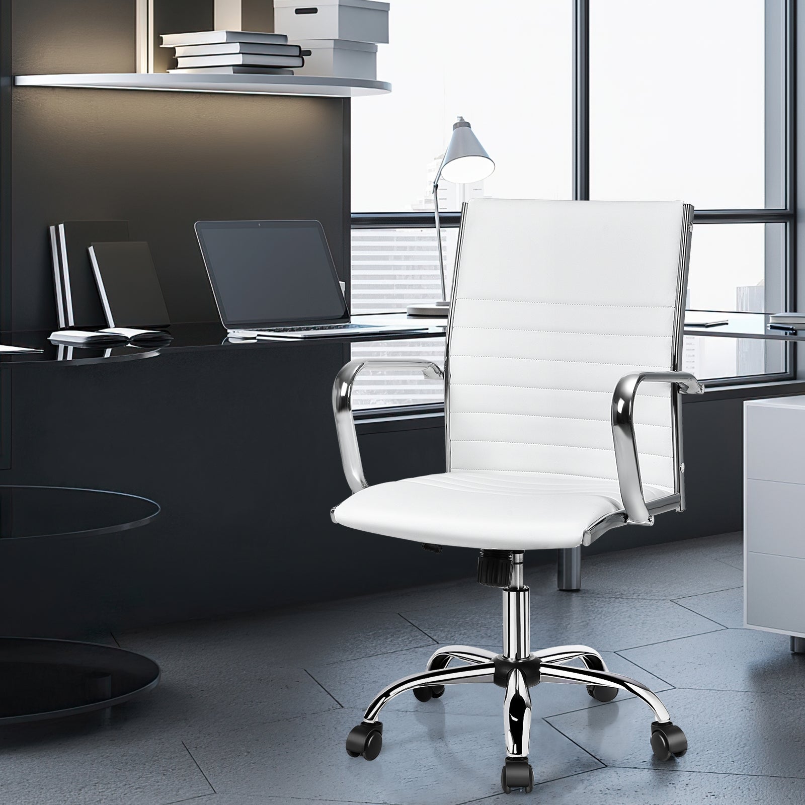 PU Leather Office Chair High Back Conference Task Chair with Armrests-White