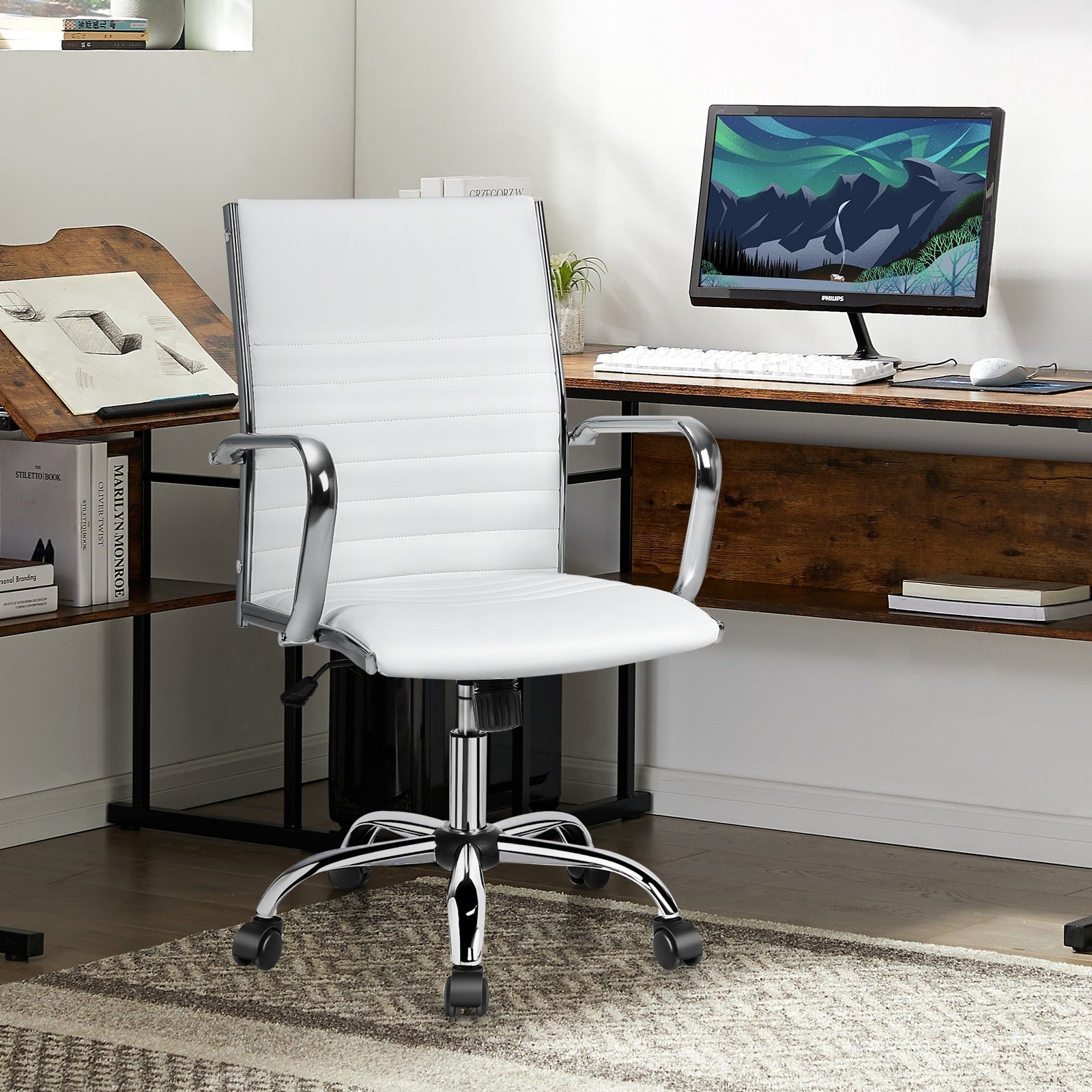 PU Leather Office Chair High Back Conference Task Chair with Armrests-White