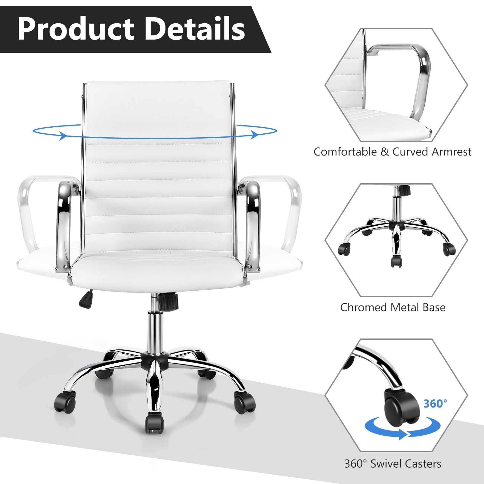 PU Leather Office Chair High Back Conference Task Chair with Armrests-White