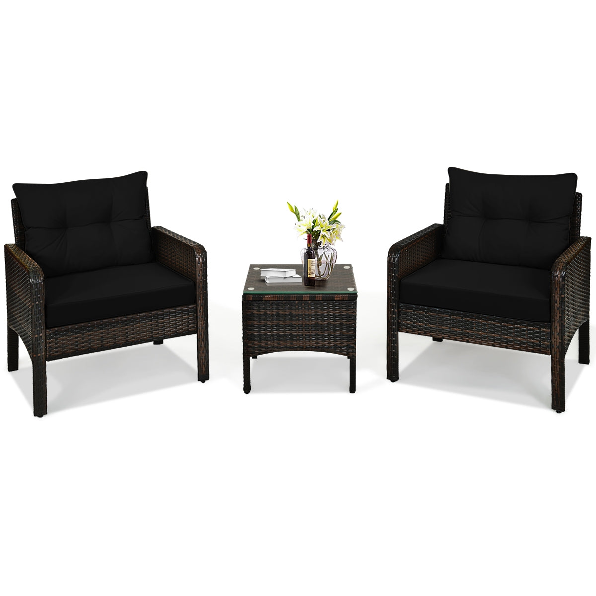 3 Pcs Outdoor Patio Rattan Conversation Set with Seat Cushions-Black