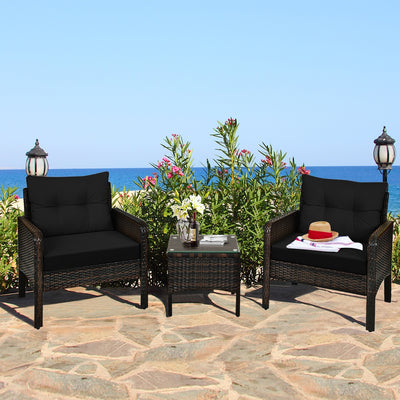 3 Pcs Outdoor Patio Rattan Conversation Set with Seat Cushions-Black 