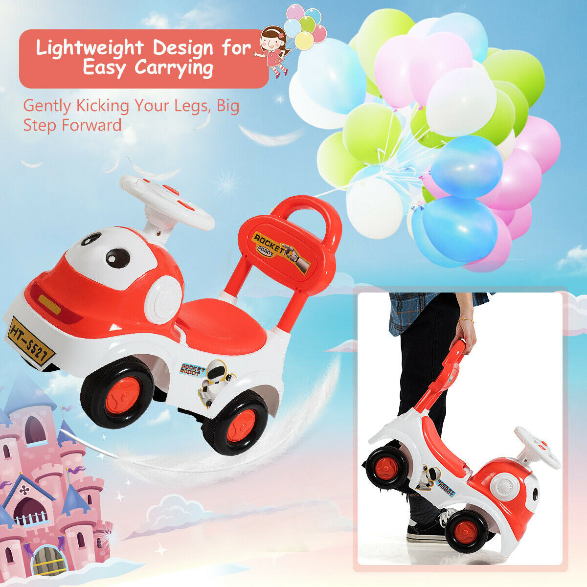 3-in-1 Baby Walker Sliding Pushing Car w/ Sound-Orange