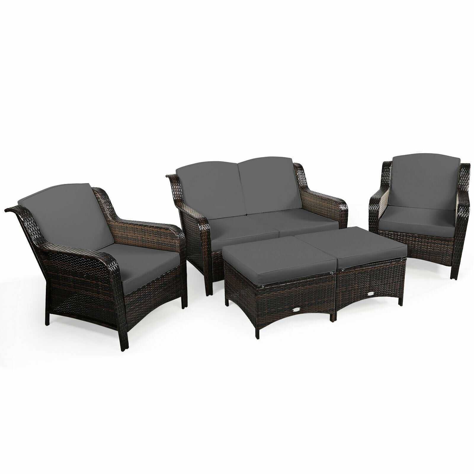 5 Pieces Patio Rattan Sofa Set with Cushion and Ottoman-Gray