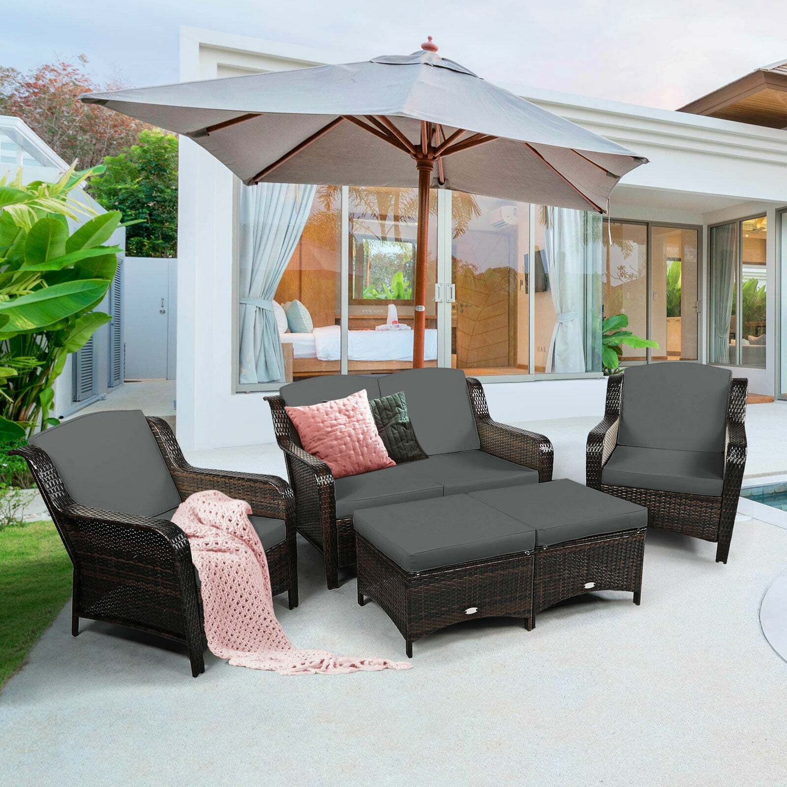 5 Pieces Patio Rattan Sofa Set with Cushion and Ottoman-Gray 