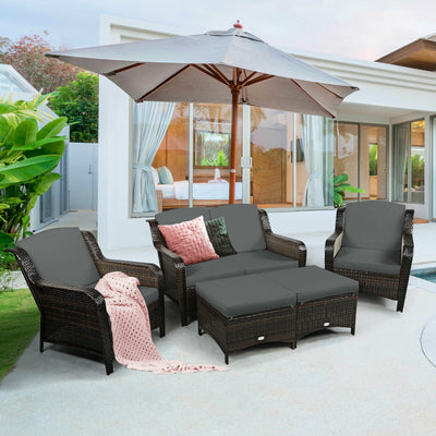 5 Pieces Patio Rattan Sofa Set with Cushion and Ottoman-Gray 