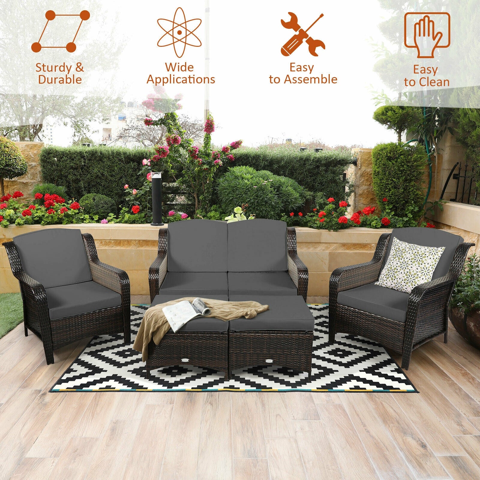 5 Pieces Patio Rattan Sofa Set with Cushion and Ottoman-Gray