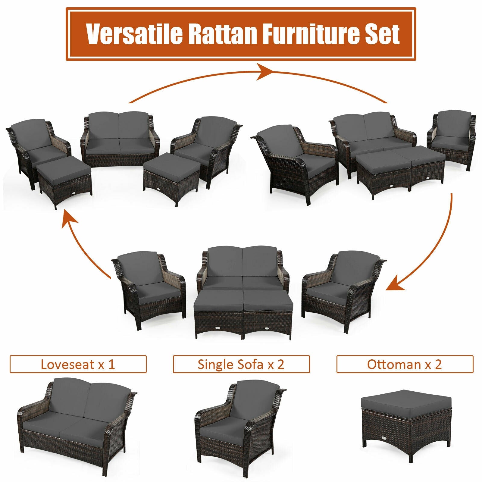 5 Pieces Patio Rattan Sofa Set with Cushion and Ottoman-Gray