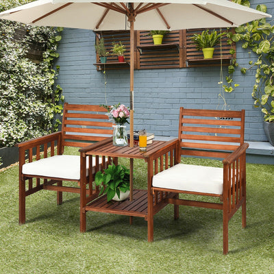 3 pcs Outdoor Patio Table Chairs Set Acacia Wood Loveseat-White 