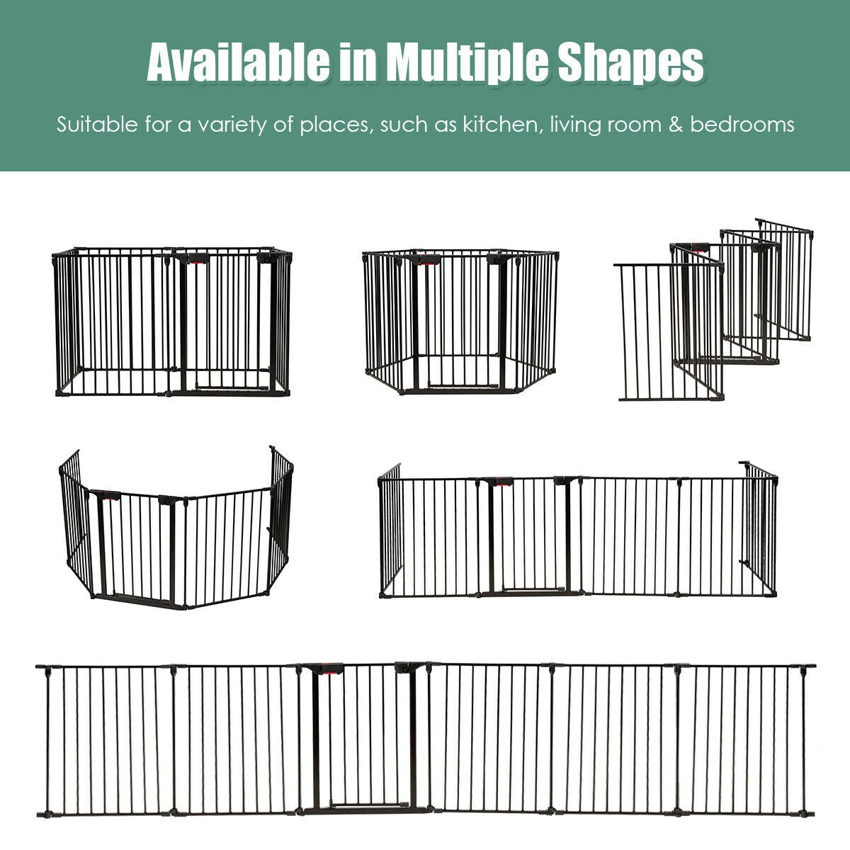 6 Panel Wall-mount Adjustable Baby Safe Metal  Fence Barrier-Black