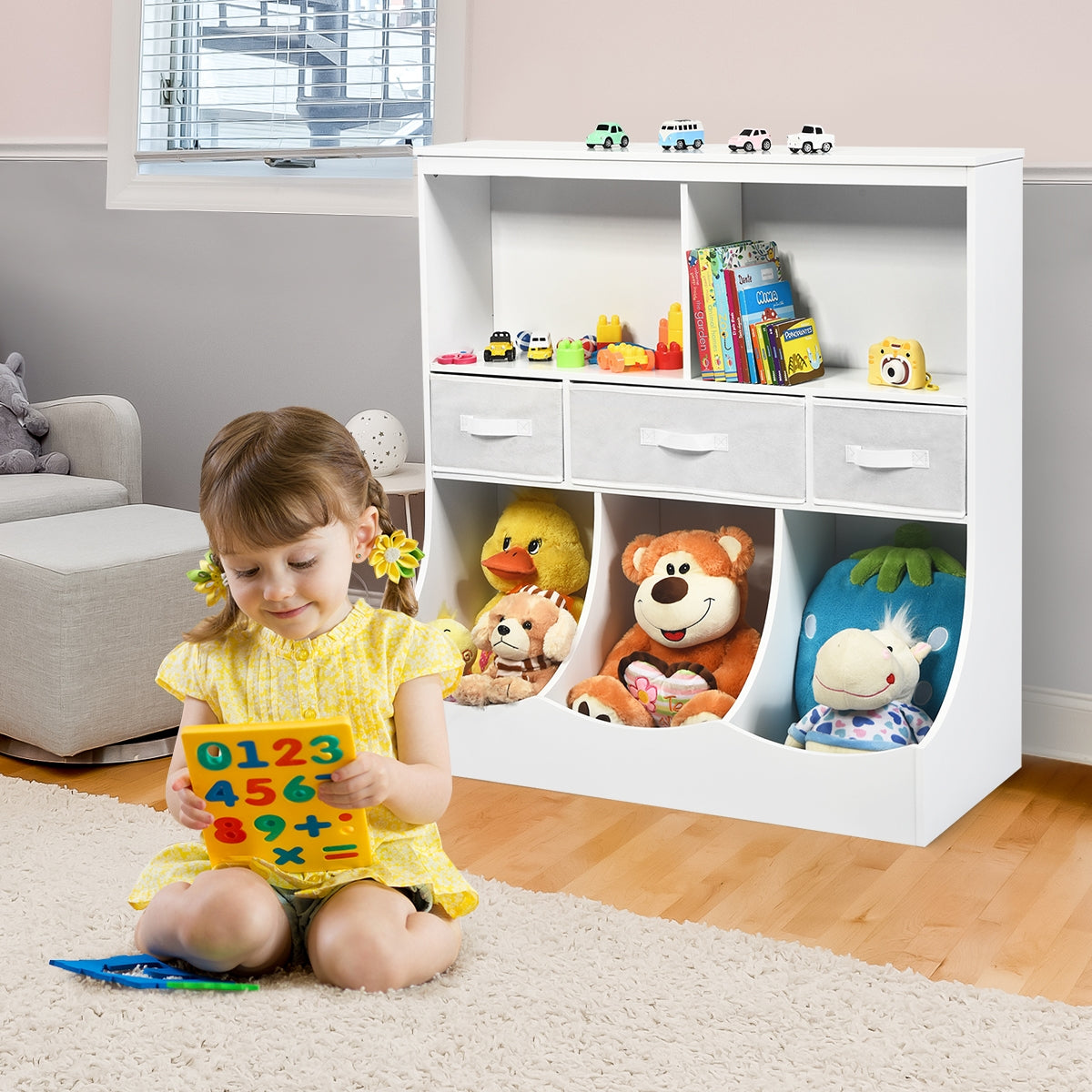 Freestanding Combo Cubby Bin Storage Organizer Unit W/3 Baskets-White