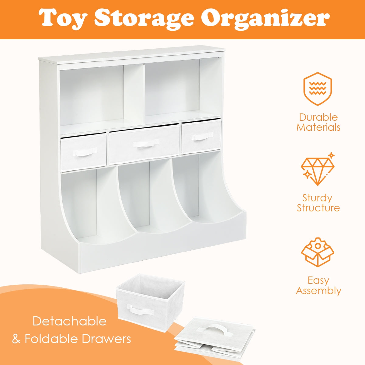 Freestanding Combo Cubby Bin Storage Organizer Unit W/3 Baskets-White