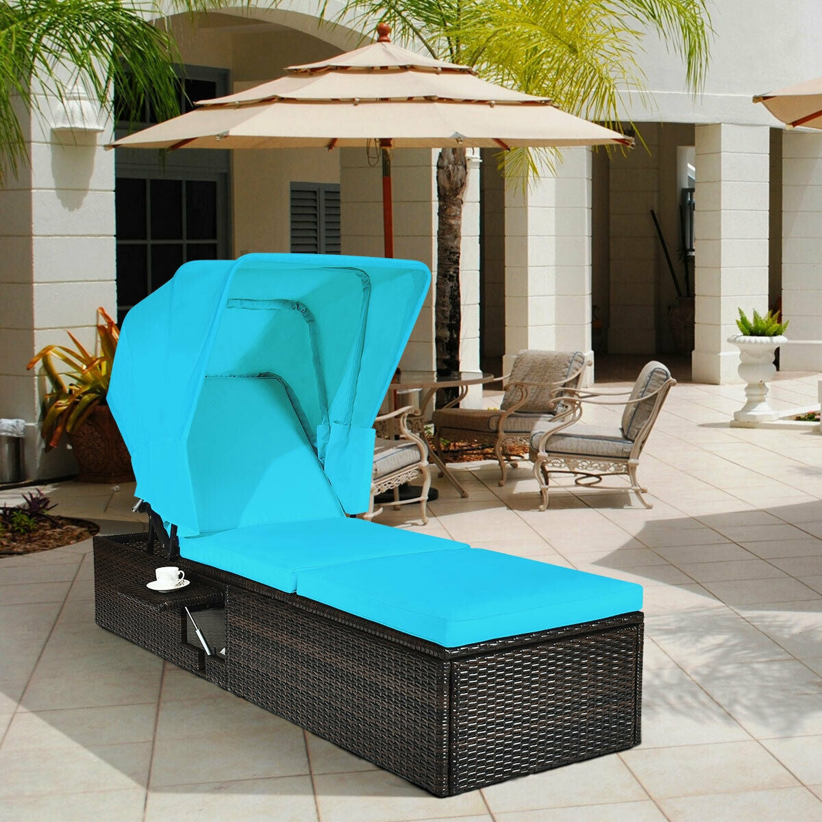 Outdoor Chaise Lounge Chair with Folding Canopy-Turquoise 