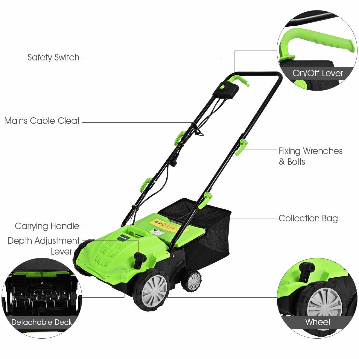 13 Inch 12 Amp Electric Scarifier with Collection Bag and Removable Blades-Green