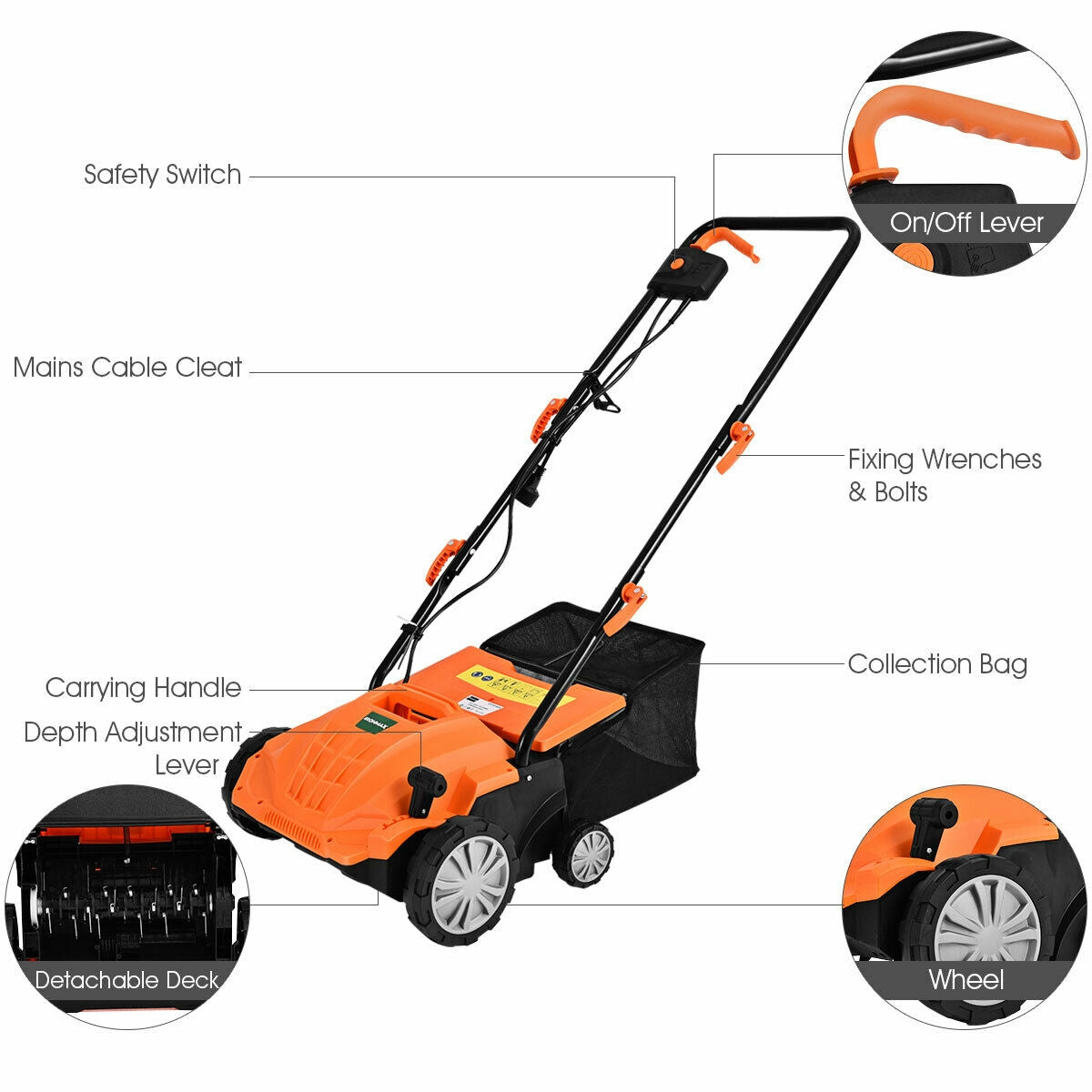 13 Inch 12 Amp Electric Scarifier with Collection Bag and Removable Blades-Orange