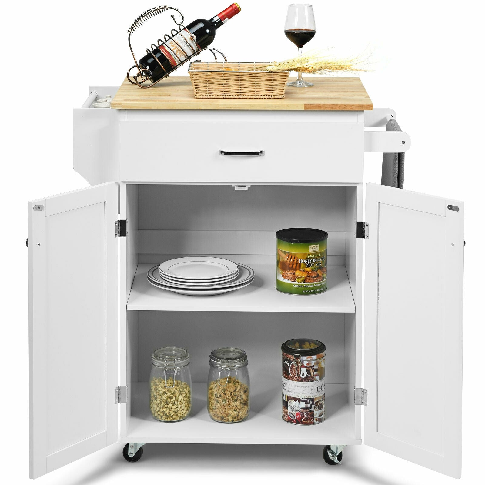 Utility Rolling Storage Cabinet Kitchen Island Cart with Spice Rack-White