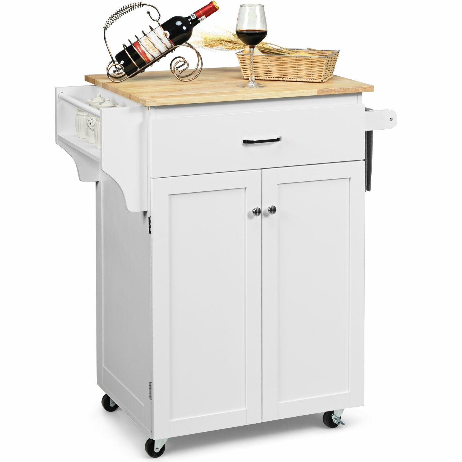 Utility Rolling Storage Cabinet Kitchen Island Cart with Spice Rack-White