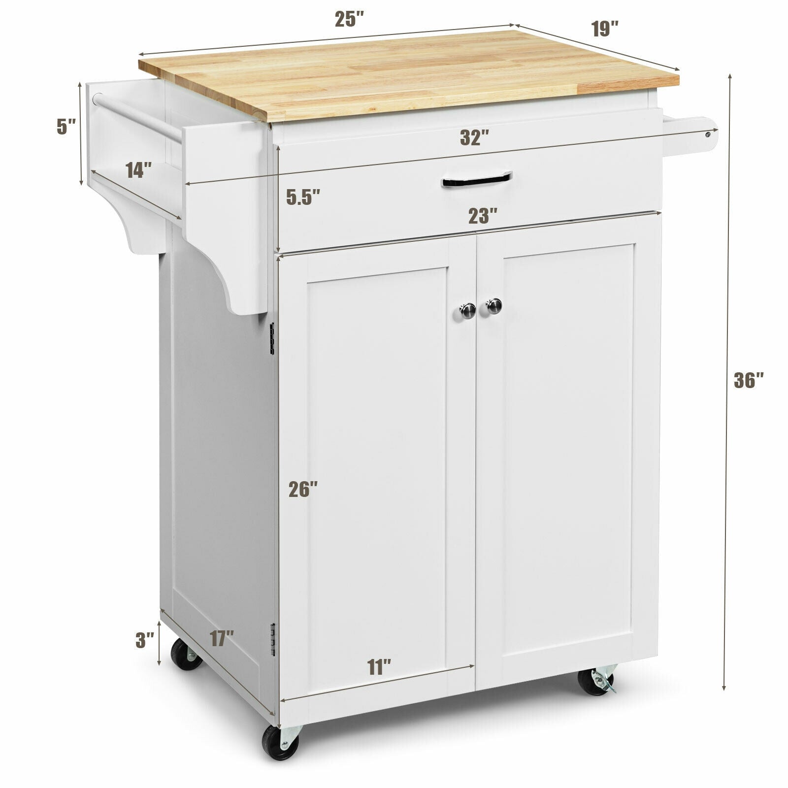 Utility Rolling Storage Cabinet Kitchen Island Cart with Spice Rack-White