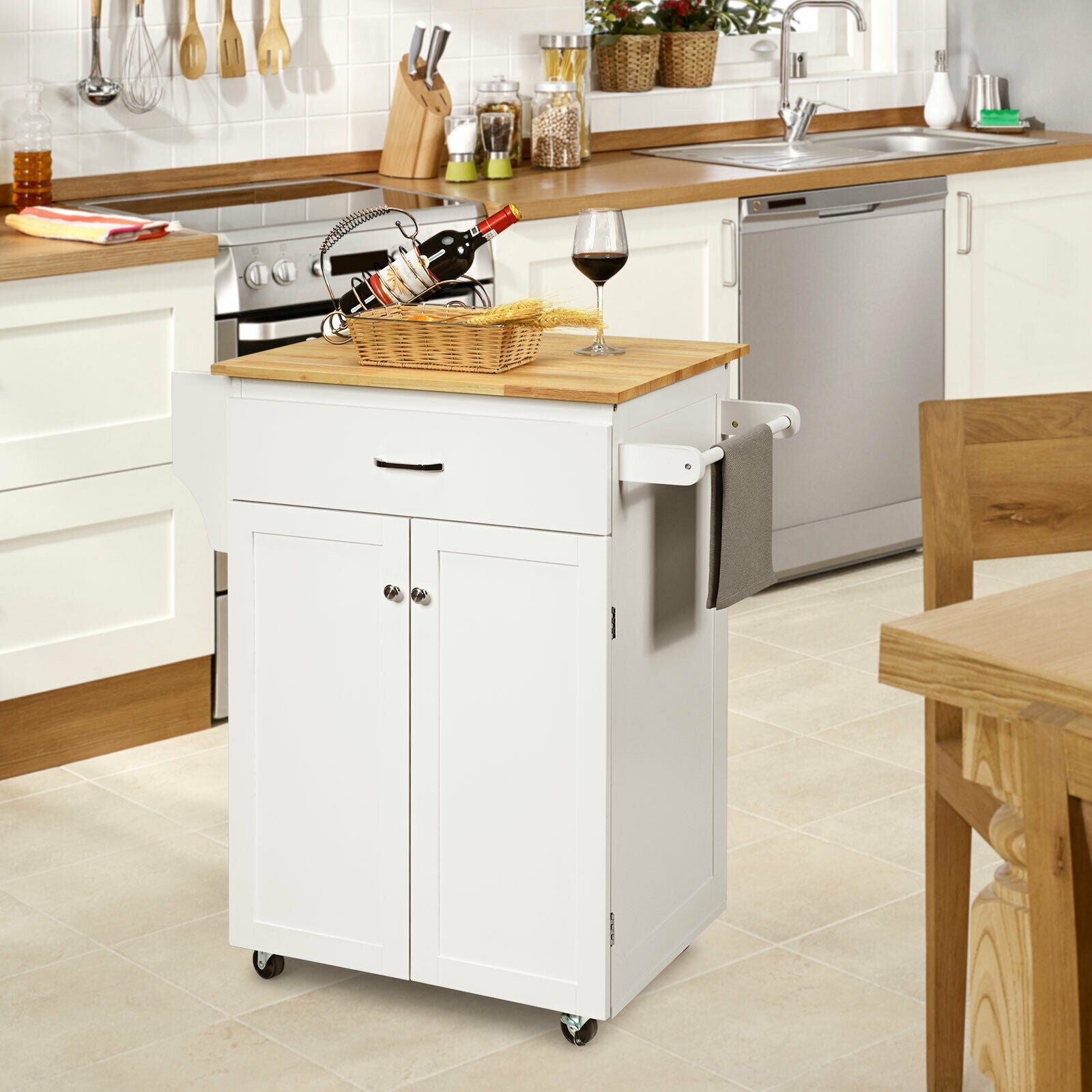 Utility Rolling Storage Cabinet Kitchen Island Cart with Spice Rack-White 