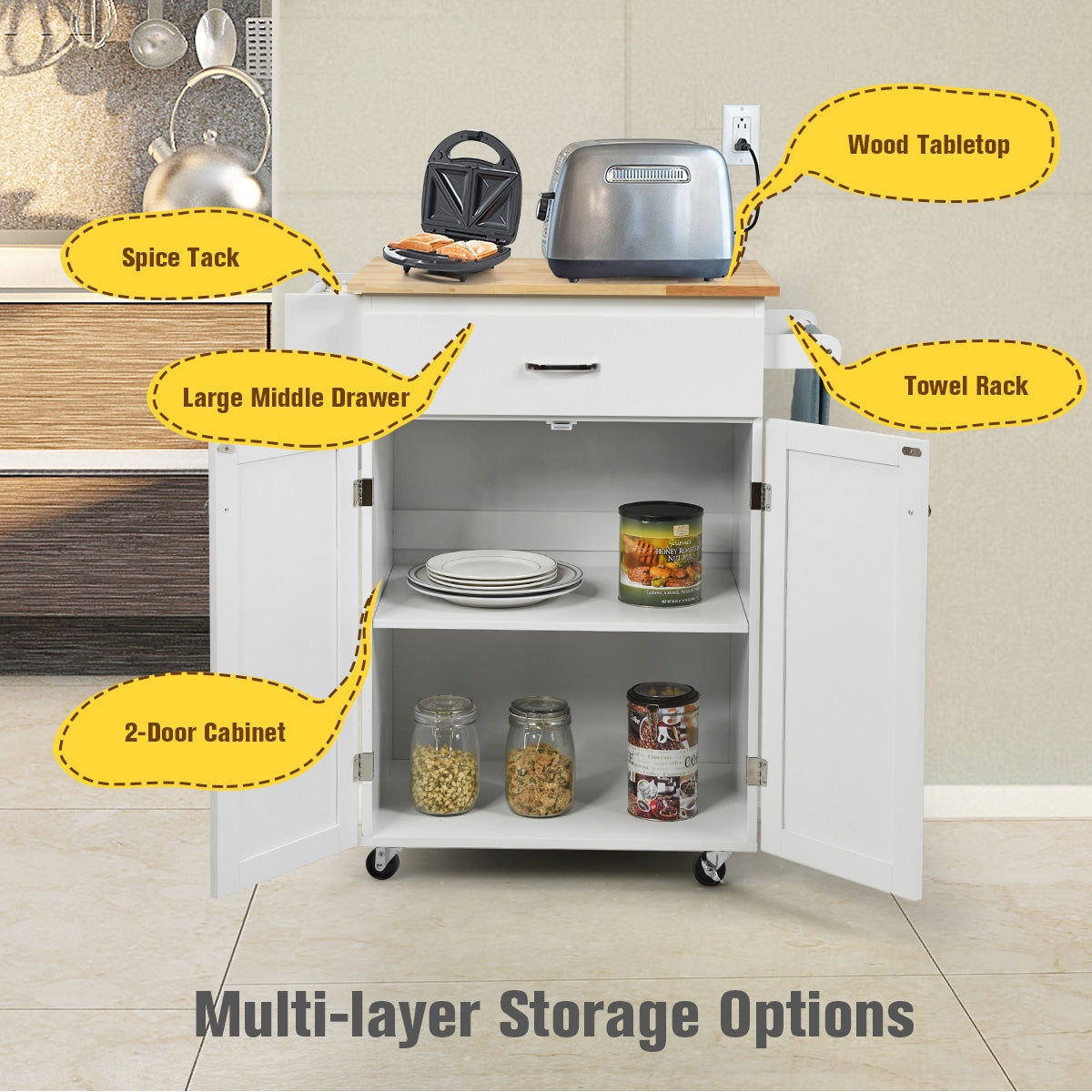 Utility Rolling Storage Cabinet Kitchen Island Cart with Spice Rack-White