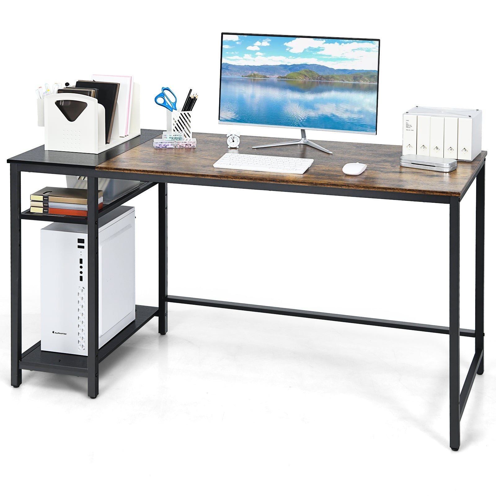 55 Inch Reversible Computer Desk with Adjustable Storage Shelves-Rustic Brown