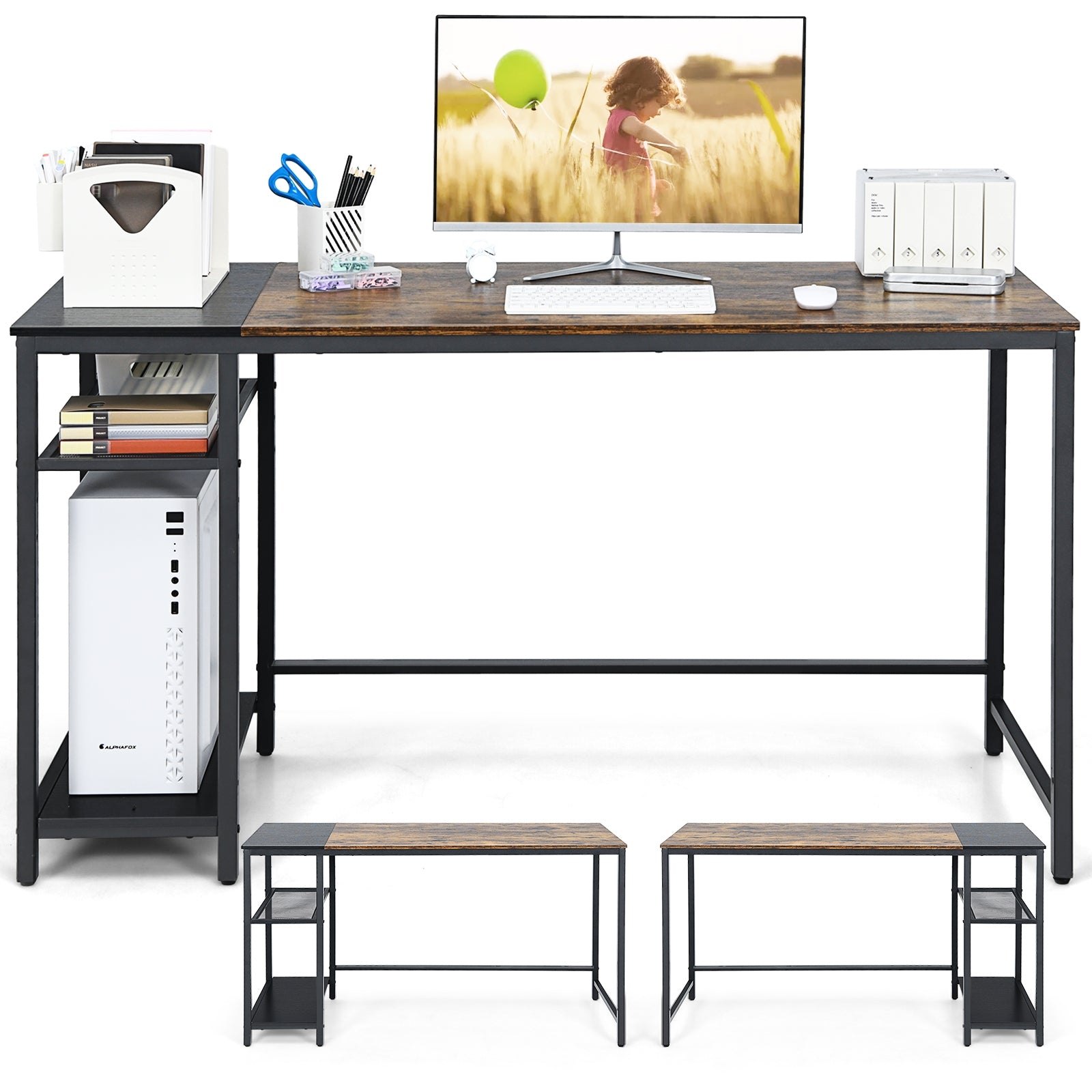 55 Inch Reversible Computer Desk with Adjustable Storage Shelves-Rustic Brown