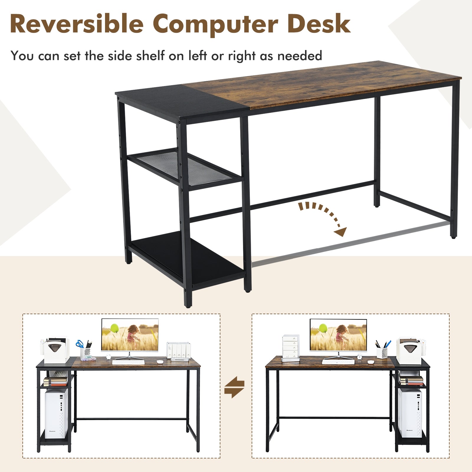 55 Inch Reversible Computer Desk with Adjustable Storage Shelves-Rustic Brown