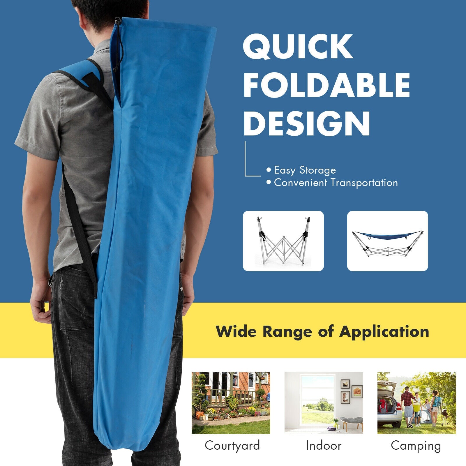 Portable Folding Steel Frame Hammock with Bag-Blue