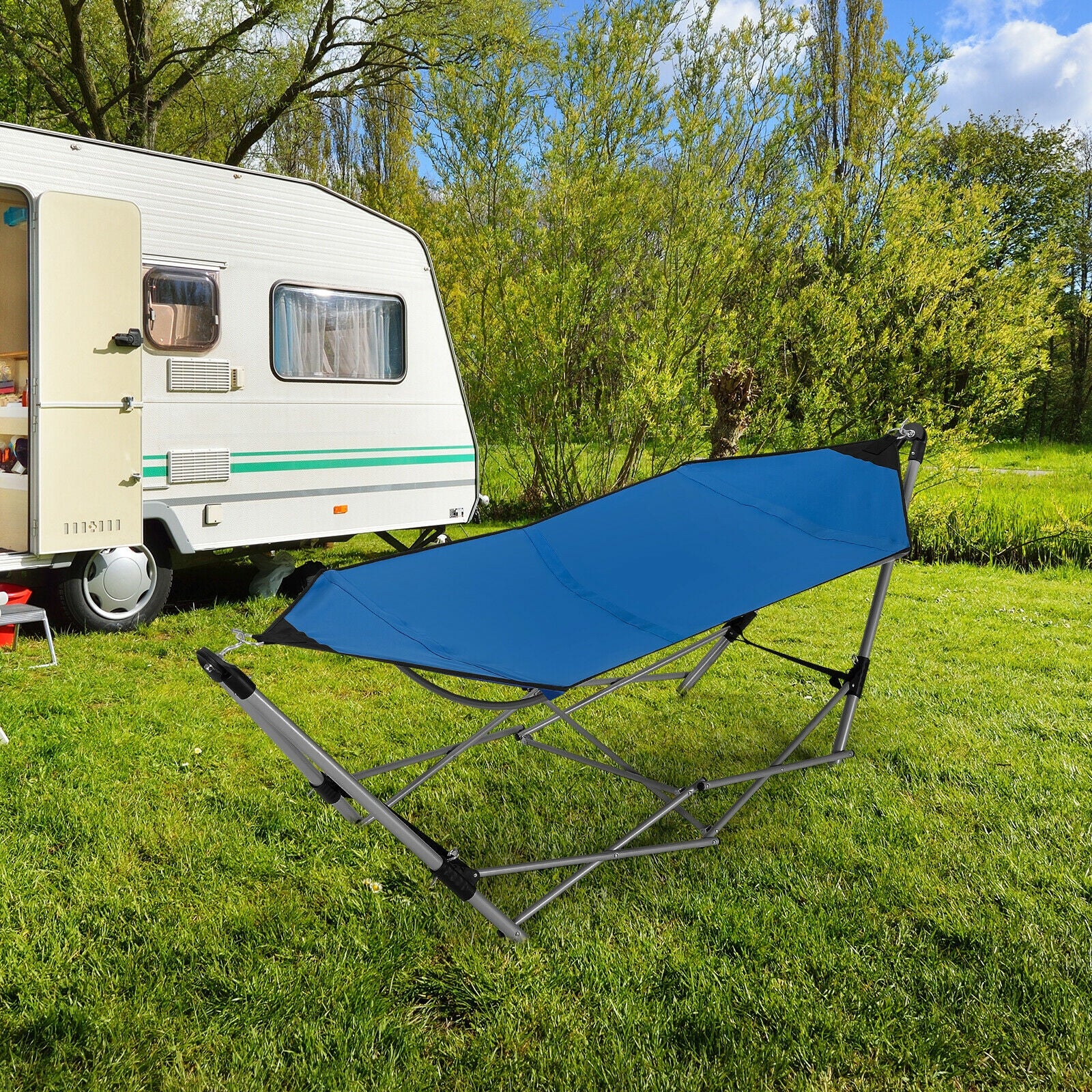 Portable Folding Steel Frame Hammock with Bag-Blue