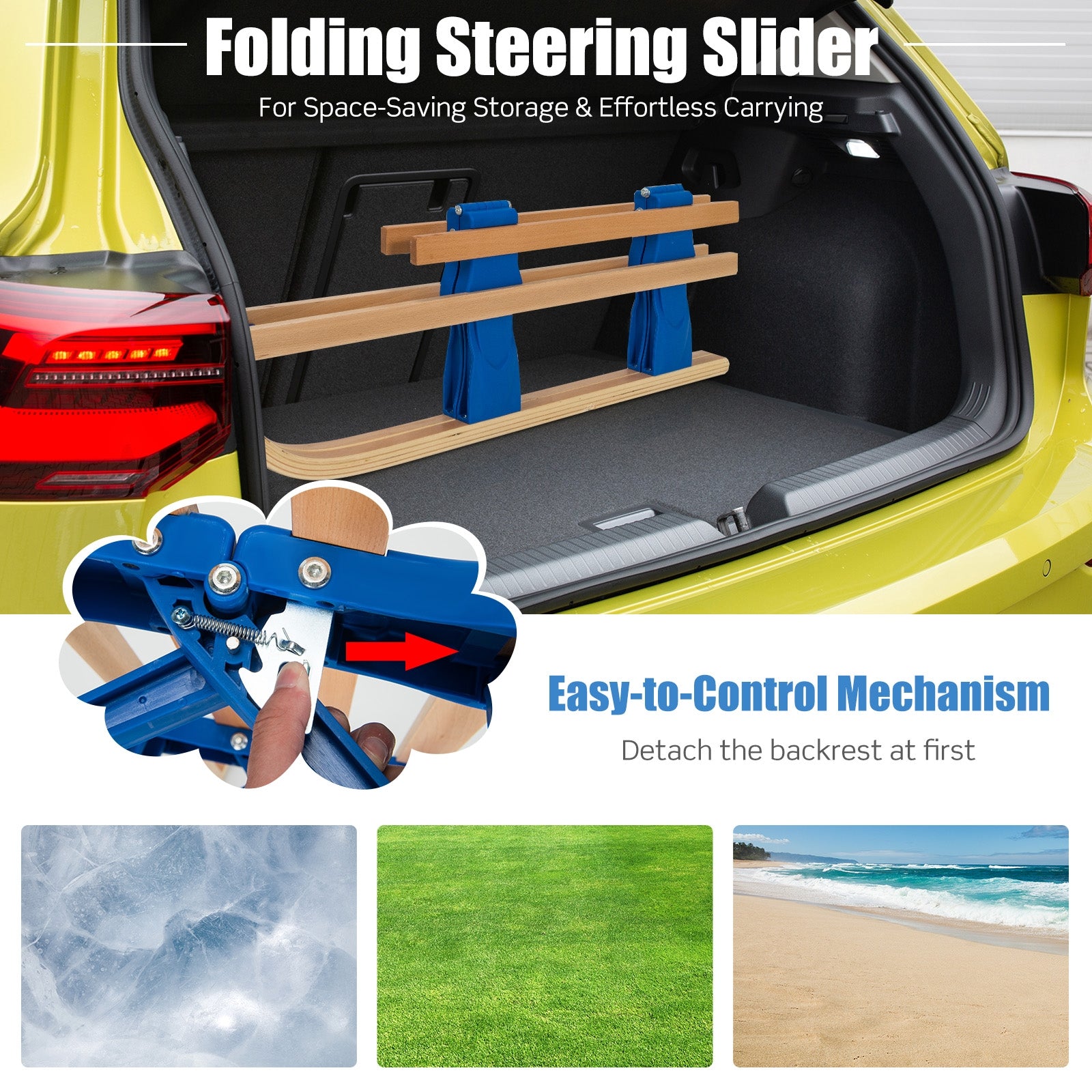 Folding Snowsled Portable Steering Slider with Pulling Ropes and Metal Rails