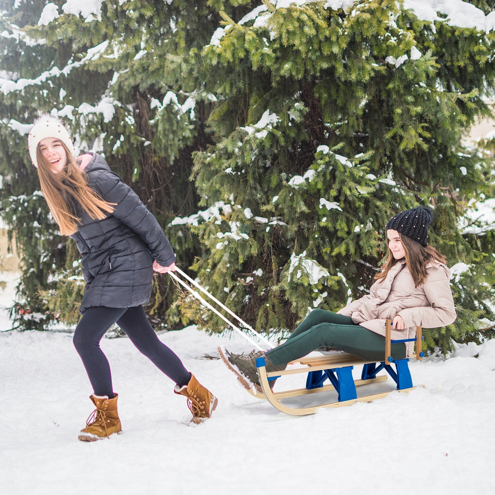 Folding Snowsled Portable Steering Slider with Pulling Ropes and Metal Rails