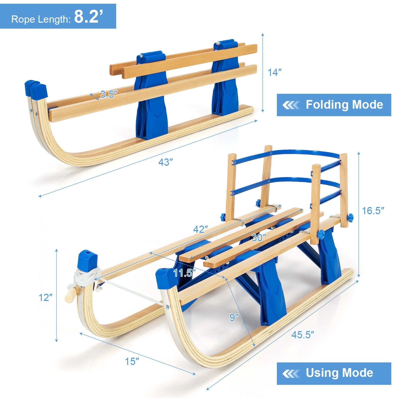 Folding Snowsled Portable Steering Slider with Pulling Ropes and Metal Rails