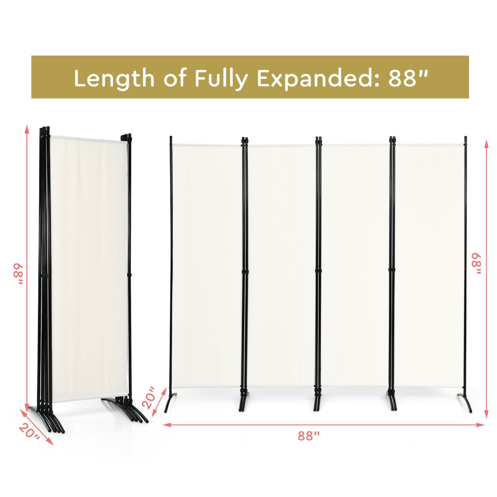 4-Panel  Room Divider with Steel Frame-White