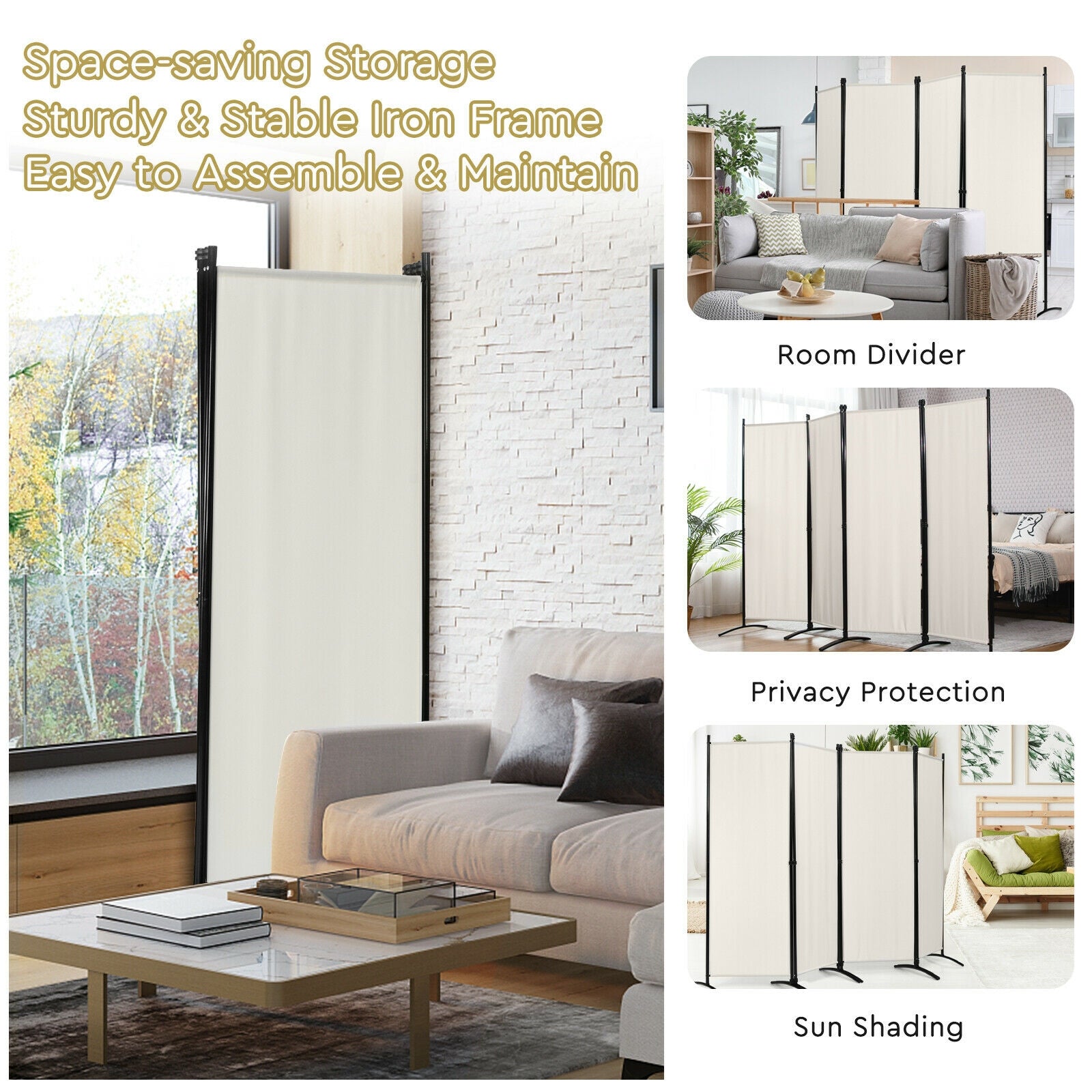 4-Panel  Room Divider with Steel Frame-White