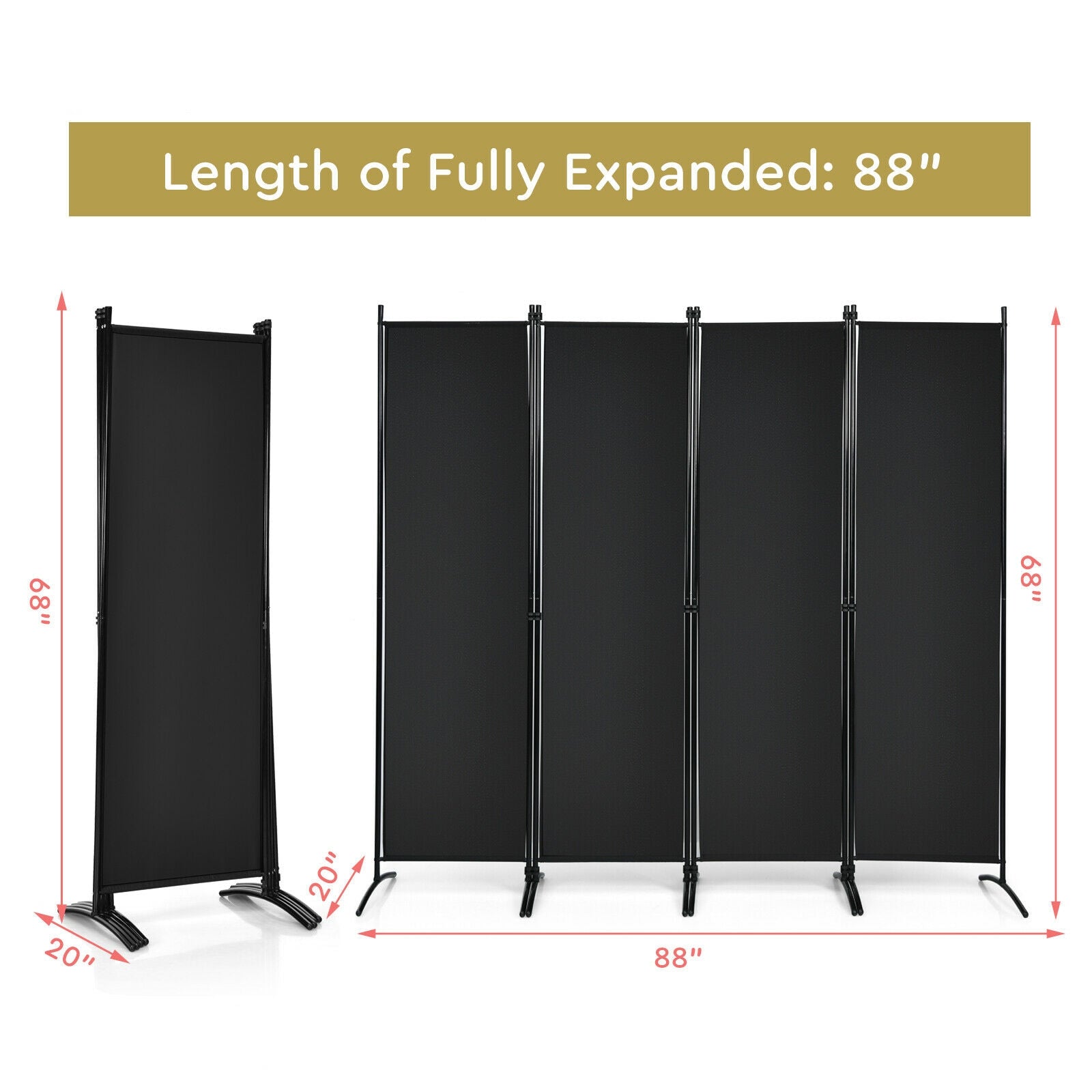 4-Panel  Room Divider with Steel Frame-Black