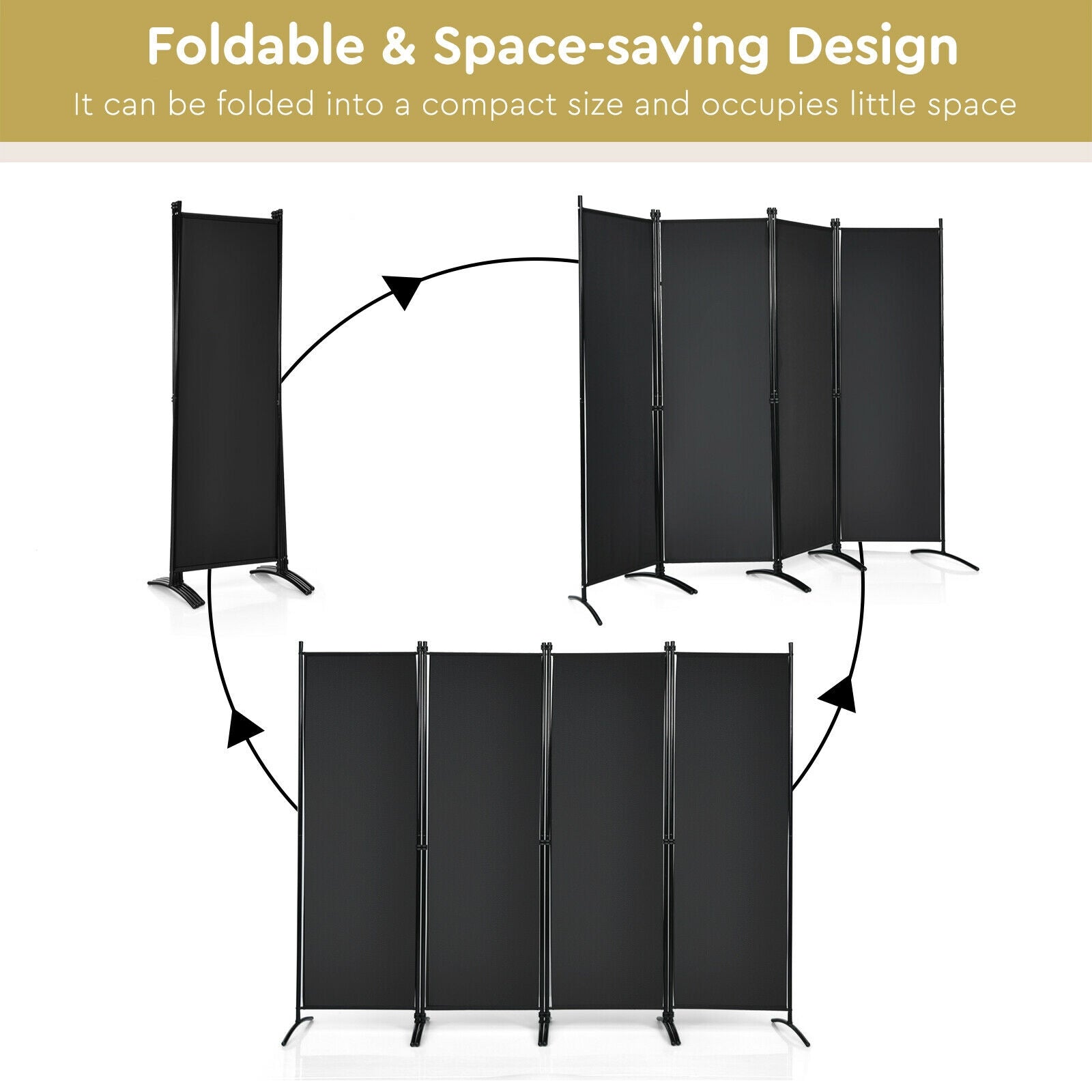 4-Panel  Room Divider with Steel Frame-Black