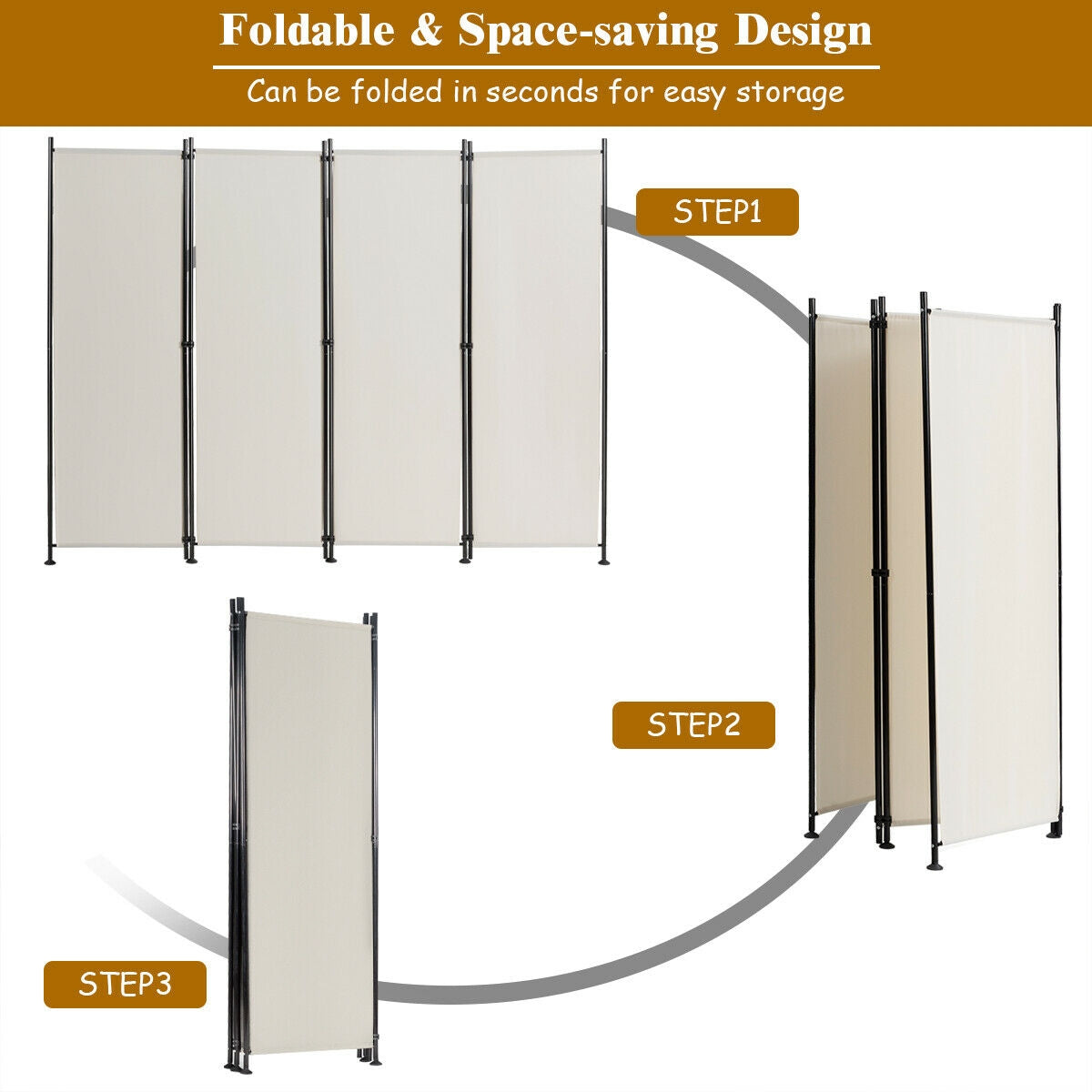 4-Panel Room Divider Folding Privacy Screen-Beige